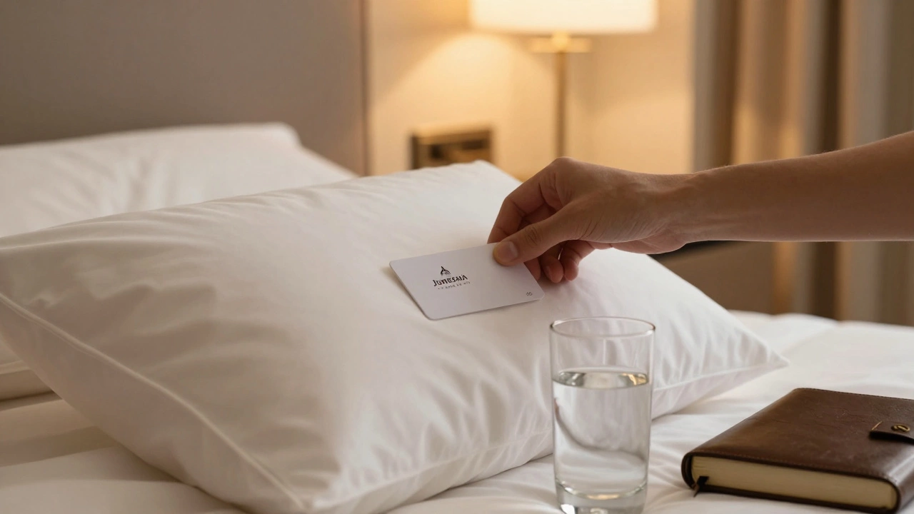 A keycard rests on a hotel pillow beside a closed journal, hinting at a secret, fleeting encounter.