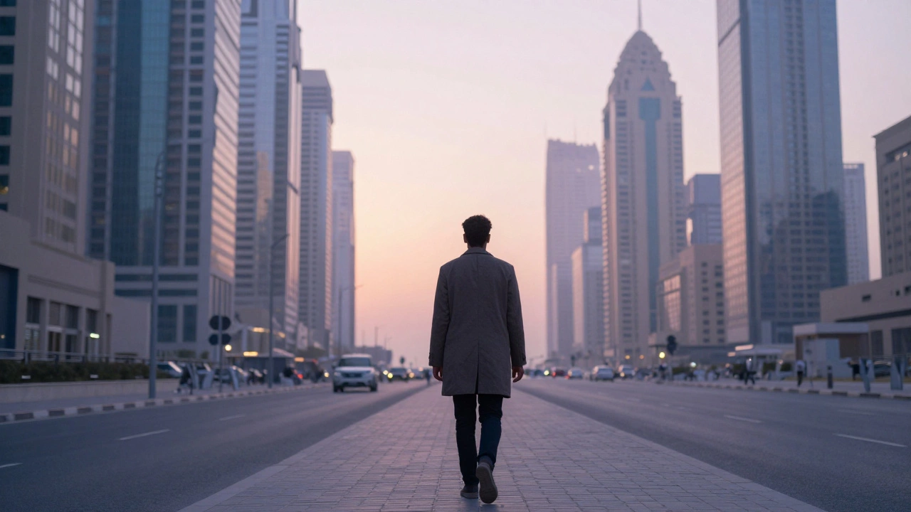 A solitary figure walks away from a Dubai skyscraper at dawn, the city empty and silent behind them.